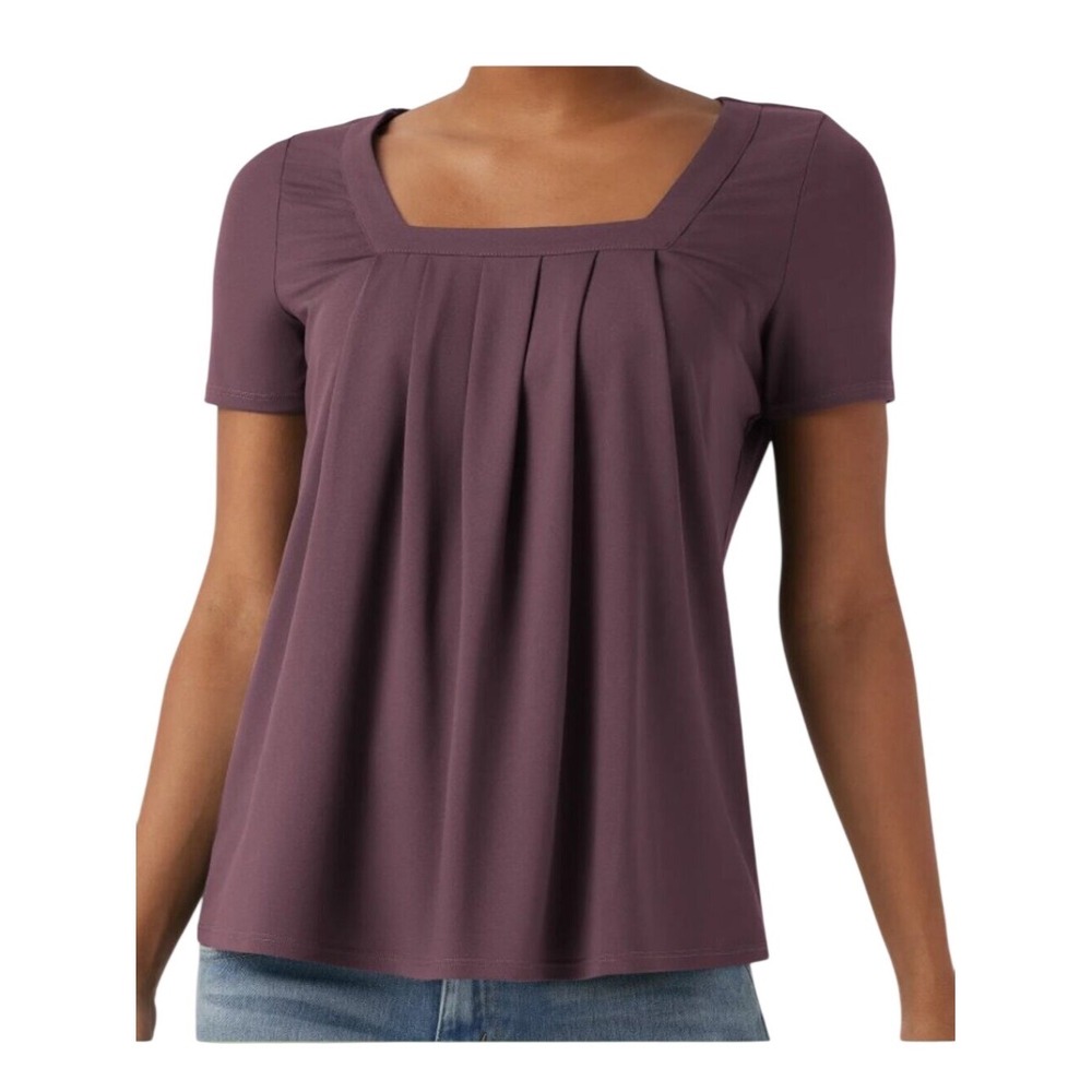 HALARA Medium Plum Wine Square Neckline Short Sleeve Casual Top Pleated